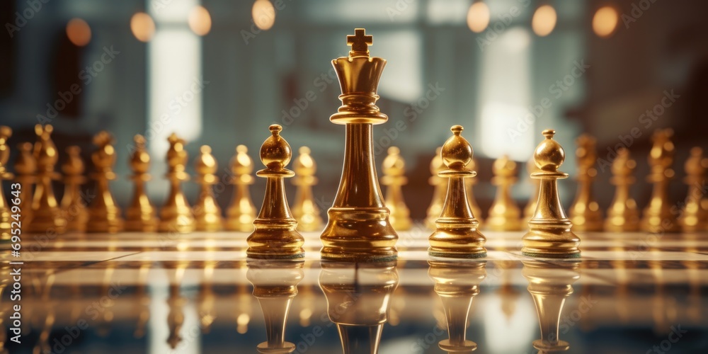 Poster chess board with golden chess pieces. perfect for strategy and intelligence concepts