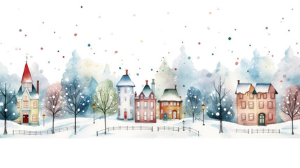 watercolor winter cute town landscape isolated on a transparent background.