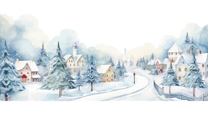 watercolor winter cute town landscape isolated on a transparent background.