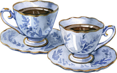 Coffee Love. Vintage couple of Coffee cups Kitchen Decor. Watercolor painting.