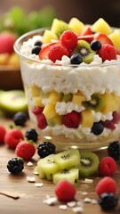 Cottage Cheese and Fruit Bowl: Mix cottage cheese with fresh fruit like pineapple chunks, kiwi slices, and berries, background image, generative AI