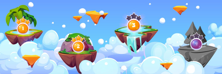 Arcade game levels map with floating islands on sky background. Vector cartoon illustration of flying land with palm tree, cave, river and waterfall, fir tree forest landscape, score stars, ui design © klyaksun