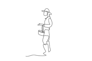 woman basket hat hold nature agriculture village organic fruit vegetables one line art design