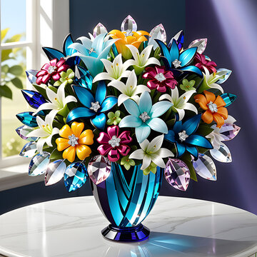 Enchanting crystal jewelry bouquet: vibrant design, delicate craftsmanship, and captivating beauty. Graphic representation with vase essential.(Generative AI)
