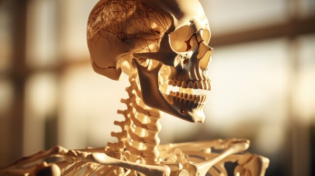 Human skeleton model displayed in a room. Perfect for educational purposes or medical presentations