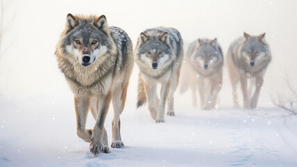 Obraz premium a group of wild wolves in the winter forest, wildlife