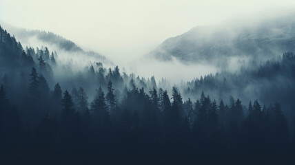 landscape, quiet misty valley in the mountains, forest panorama aero view - Powered by Adobe