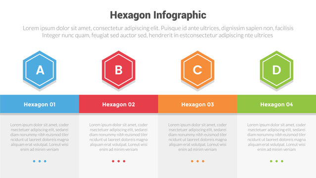 hexagon or hexagonal honeycombs shape infographics template diagram with box table header on top with 4 point step creative design for slide presentation