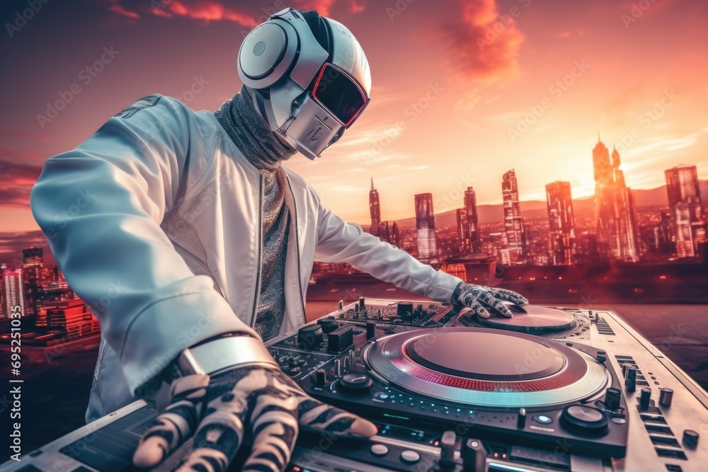 Poster a dj in a white suit is seen playing music on a turntable. this image can be used to depict a dj at 