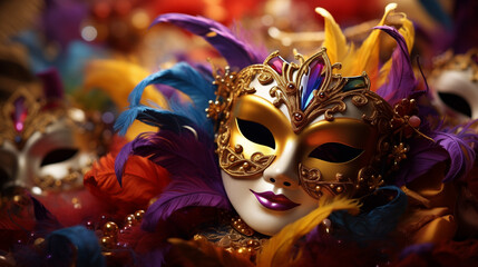 Venetian carnival mask and beads decoration. Mardi gras background. Holidays image of mardi gras masquarade, Generative AI - obrazy, fototapety, plakaty