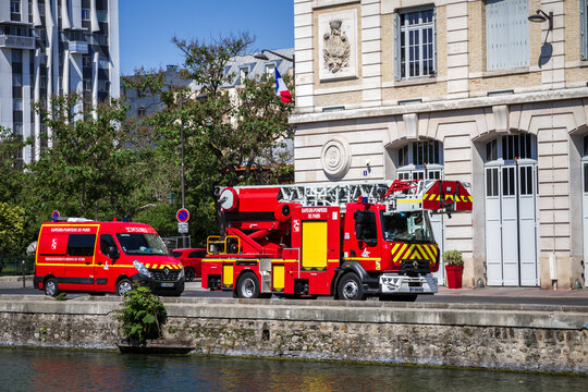 Fire station and truck on the banks of Ourcq canal, Paris, France