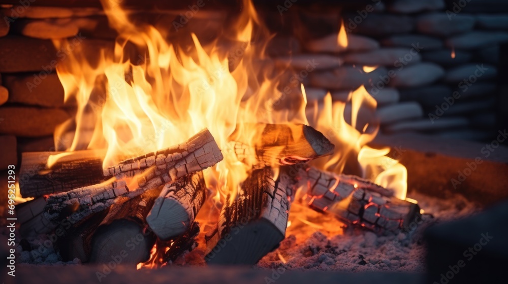 Poster a close up view of a fire in a fireplace. perfect for adding warmth and coziness to any project or d
