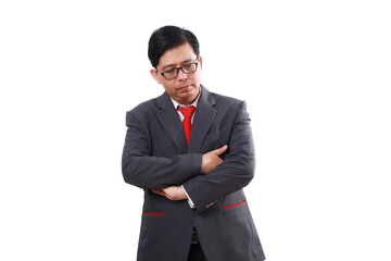 Sad asian businessman doing nothing while thinking something. Isolated on white