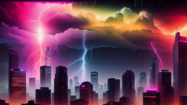 Lofi animation. Seamless loop. Cyberpunk city with a rainstorm at night, cloudy clouds and lightning strikes 