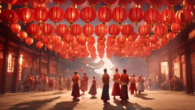 Animated video footage of people walking in ancient Chinese housing decorated lantern with wearing traditional Chinese clothes, video suitable for celebrating Chinese New Year 