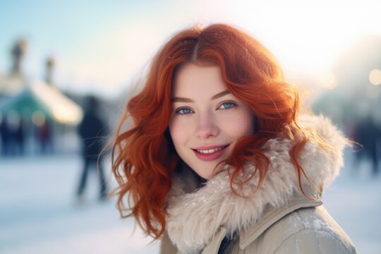A woman with striking red hair is seen wearing a luxurious fur coat. This image can be used to depict elegance, fashion, or winter fashion trends