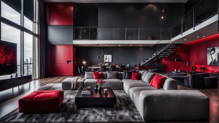 The apartment is in black and red tones.
