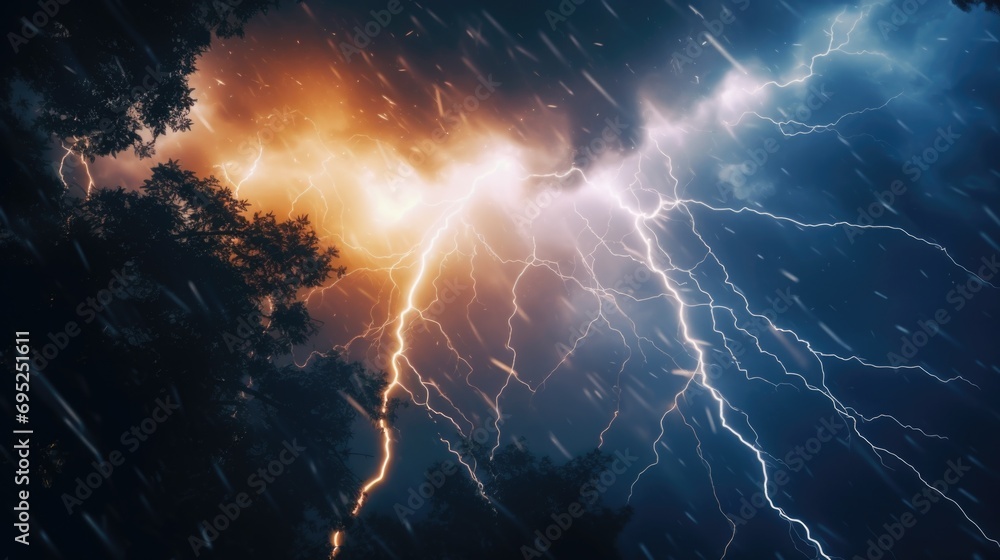 Poster A powerful lightning bolt piercing through a dramatic cloudy sky. This image captures the intensity and energy of a lightning strike.