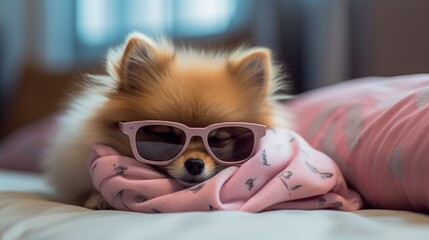 Pomeranian dog in a sleep funny mask is laying on spine on pillows under the blankets with the clutch protruding out of it