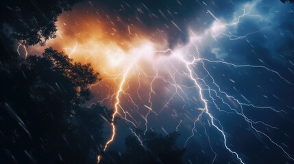 A powerful lightning bolt piercing through a dramatic cloudy sky. This image captures the intensity and energy of a lightning strike.