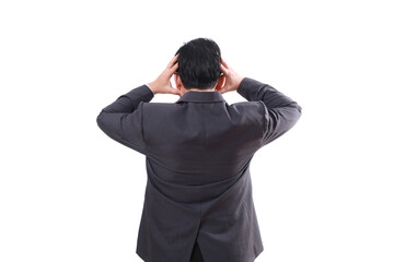 Back view of Stressed asian businessman standing while holding his head. Isolated on white