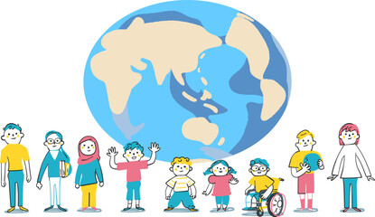 地球と年齢や人種、国籍の違う子供たち　小学生　イラスト素材	
