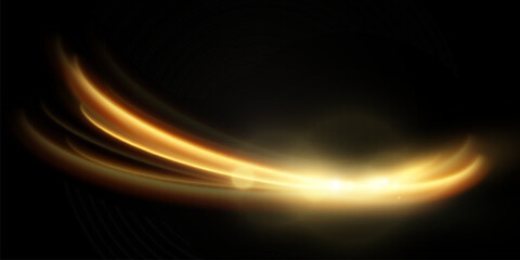 Light effect of shiny gold lines.Gold color glowing design element.Wavy bright stripes.