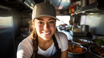 A confident and happy woman chef in a food truck , an experienced female chef at street food 