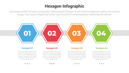 hexagon or hexagonal honeycombs shape infographics template diagram with outline horizontal direction with 4 point step creative design for slide presentation - obrazy, fototapety, plakaty