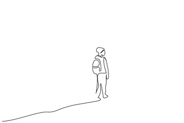 woman person backpack coat season nature hiking trekking activity one line art design