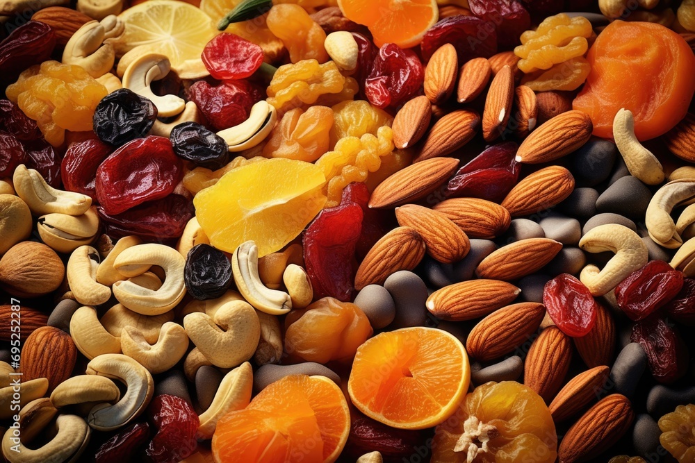 Poster a variety of nuts and dried fruits are displayed in a colorful mixture. ideal for healthy snacks or 