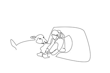 woman person dog friend backpack nature walking active life lifestyle one line art design