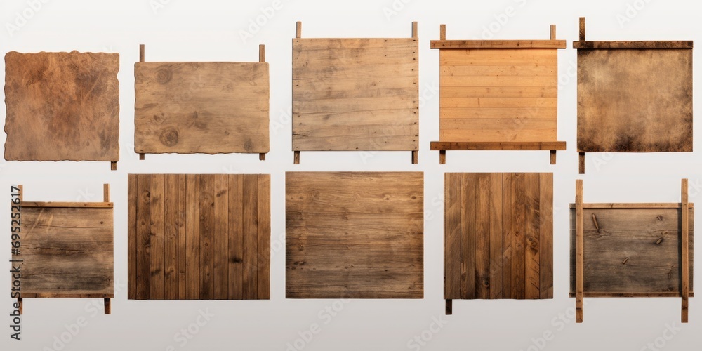 Poster A set of six wooden boards hanging on a clothes line. Perfect for adding a rustic touch to any project or design