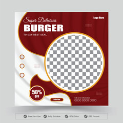 Fast food restaurant business marketing social media post or web banner template design with abstract background, logo and icon.