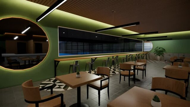 3d render cafe restaurant with green wall
