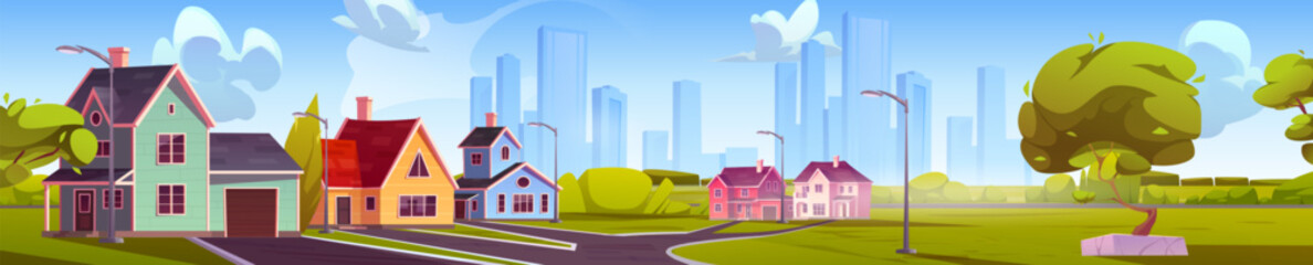 Suburban town street against big city background. Vector cartoon illustration of cozy houses along rural alley under blue sky, green lawn and bushes, skyscrapers on horizon, modern architecture
