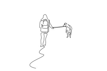 woman person dog friend backpack nature walking active life lifestyle one line art design