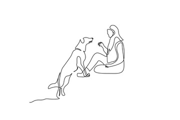 woman person dog friend backpack nature walking active life lifestyle one line art design