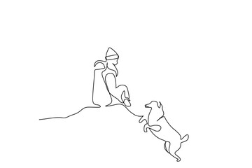 woman person dog friend backpack nature walking active life lifestyle one line art design