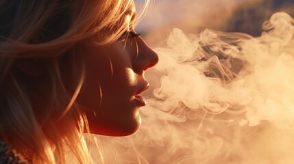 A woman is seen smoking a cigarette in a field. This image can be used to portray relaxation, freedom, or a rebellious attitude.