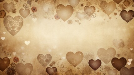 A vintage-looking sepia-toned background with a mix of bigger, textured hearts and smaller,...