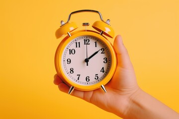 A hand is shown holding a yellow alarm clock on a yellow background. This image can be used to...