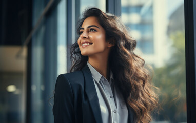 Fototapeta premium young and successful businesswoman smiling and standing near office window.