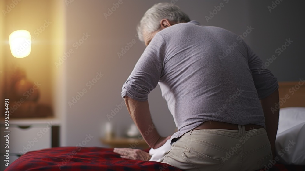 Poster A man sitting on a bed with his back to the camera. Suitable for various concepts and themes