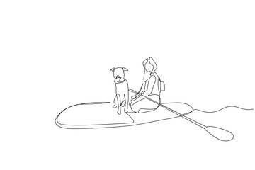 Fototapeta na wymiar woman dog friendly together nature activity canoe kayak boat life one line art design