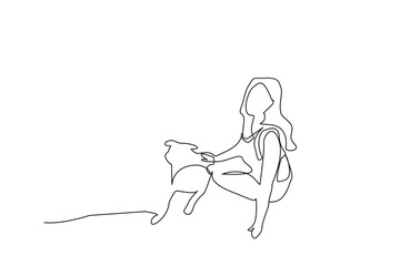 woman person dog friend backpack nature walking active life lifestyle one line art design