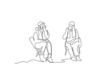 two friends winter season camp chair drinking coffee together activated one line art design