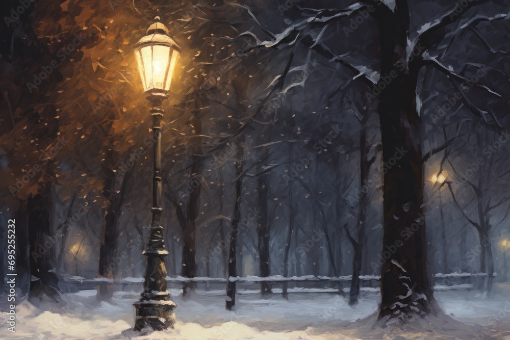 Poster a painting of a street light in a snowy park. this picture can be used to add a wintry touch to vari