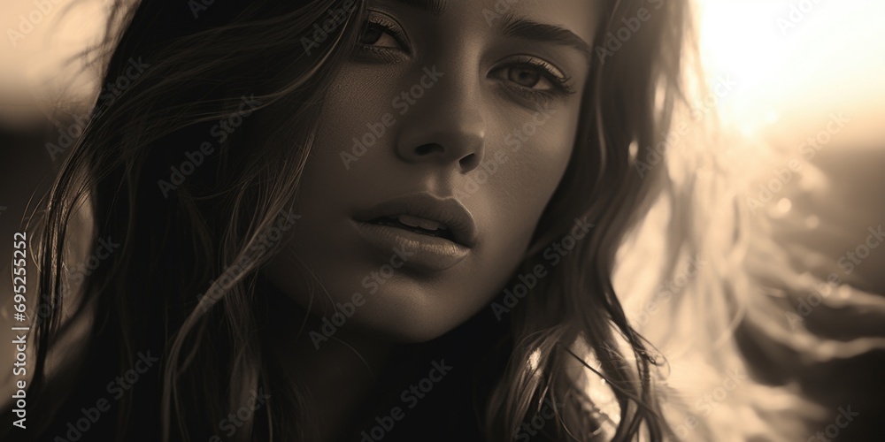 Poster close-up shot of a woman with long hair. versatile image suitable for various concepts and themes