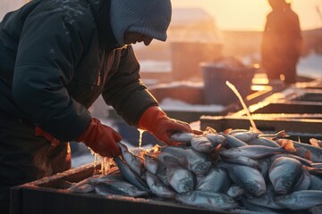 A person wearing a hat and gloves is seen sorting fish. This image can be used to illustrate activities related to fishing and seafood preparation